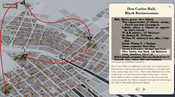 This view from Slave Streets, Free Streets shows Don Carlos Hall’s route from his shop on Baltimore Street to his manufactory, to his home, and then to Bethel AME Church.